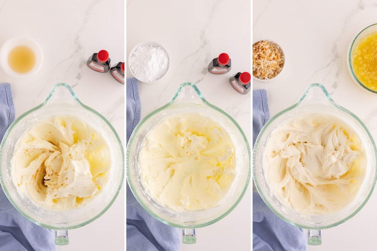 Three-panel sequence showing buttercream frosting being whipped in a glass mixer bowl with coconut and pineapple alongside.
