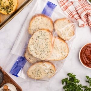 sliced prepped garlic bread in freezer bag
