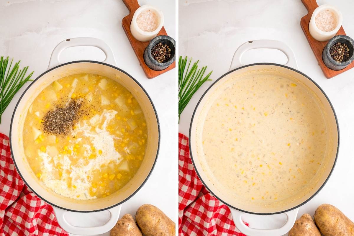 Half and half being added to a white pot of corn chowder with pepper sprinkled on top.