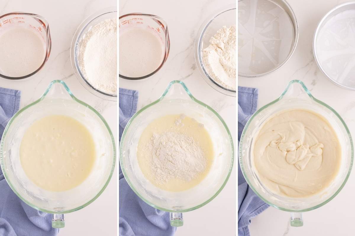 Three-panel sequence showing creamed batter in a glass mixing bowl with flour added, then smoothly combined.