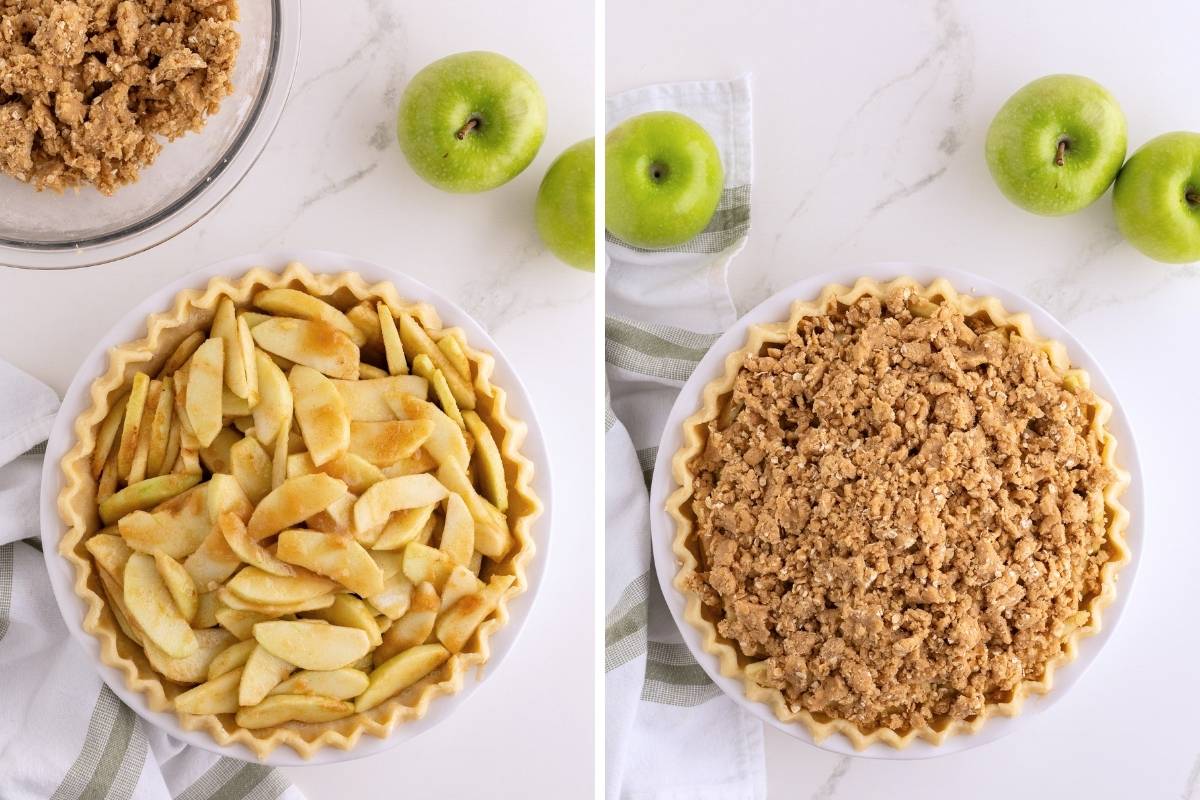 Side-by-side shots of sliced apples filling a pie crust then topped with crumb mixture beside green apples.