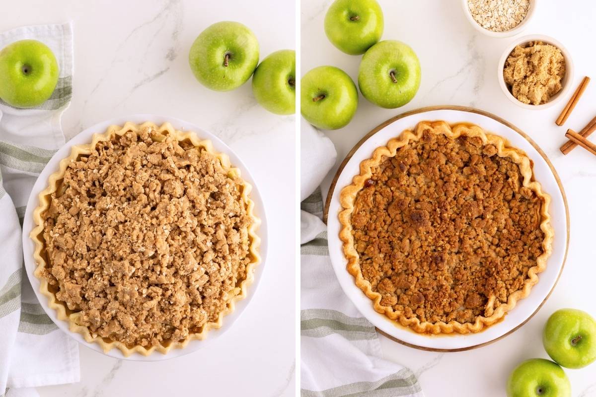 Side-by-side comparison of unbaked and baked Dutch apple crumble pies with green apples, oats, brown sugar, and cinnamon sticks.