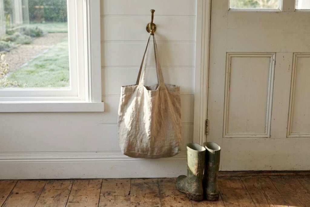 A canvas bag hangs on a wall hook near green rain boots.