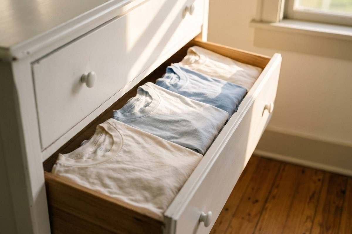 Folded light-colored t-shirts in an open white dresser drawer.