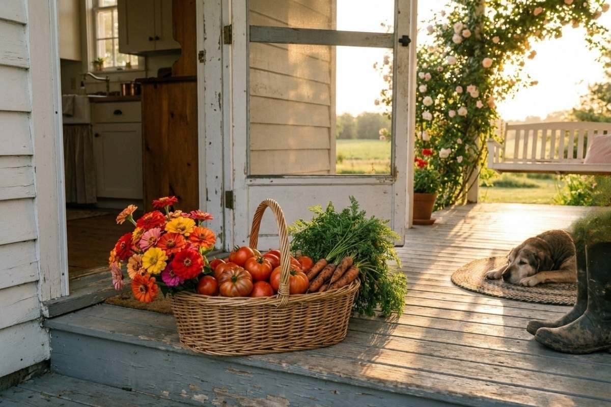 A basket of tomatoes and flowers on a porch with a sleeping dog nearby.