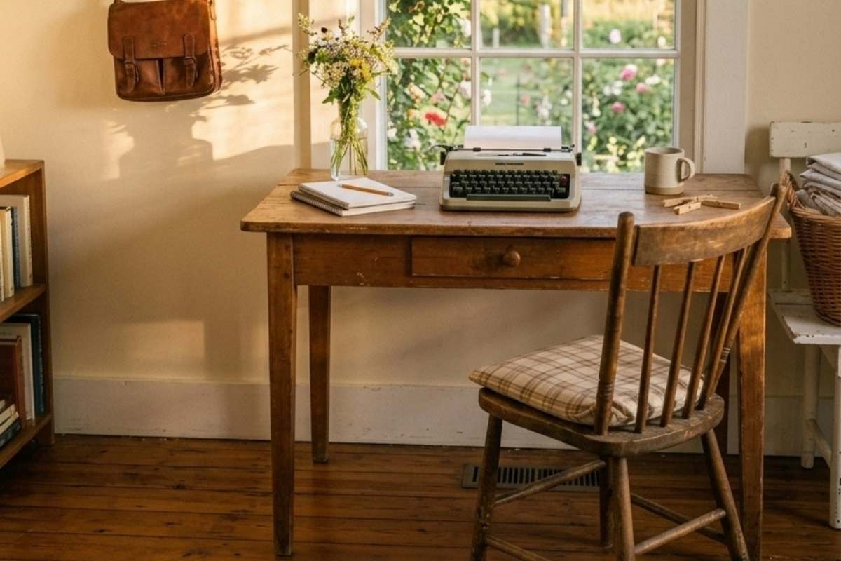 Vintage typewriter on a wooden desk with a notebook and mug nearby.