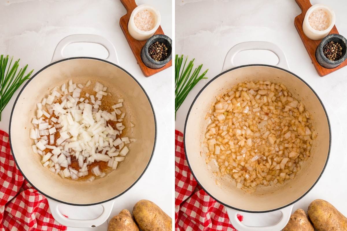 Chopped onions added to a white pot, then sautéed until softened and translucent for corn chowder.