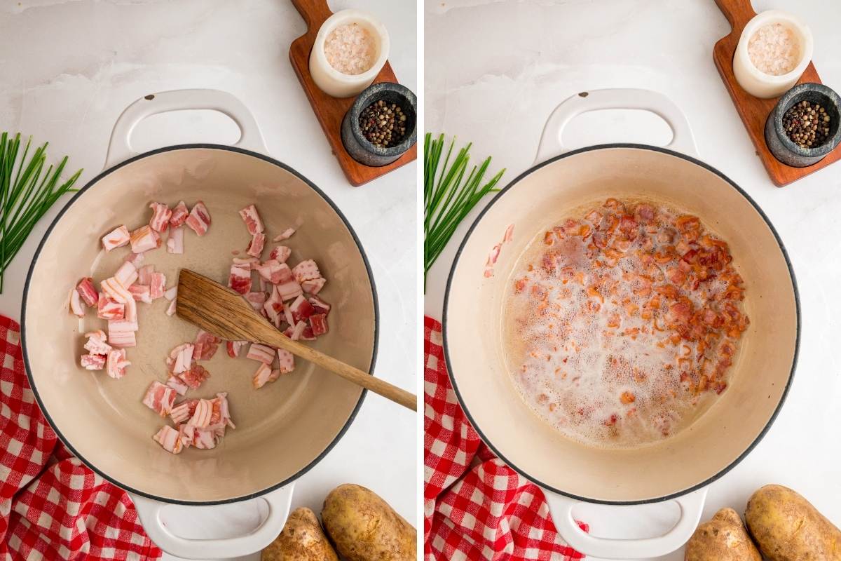 Chopped bacon pieces being browned and crisped in a white Dutch oven with a wooden spatula.