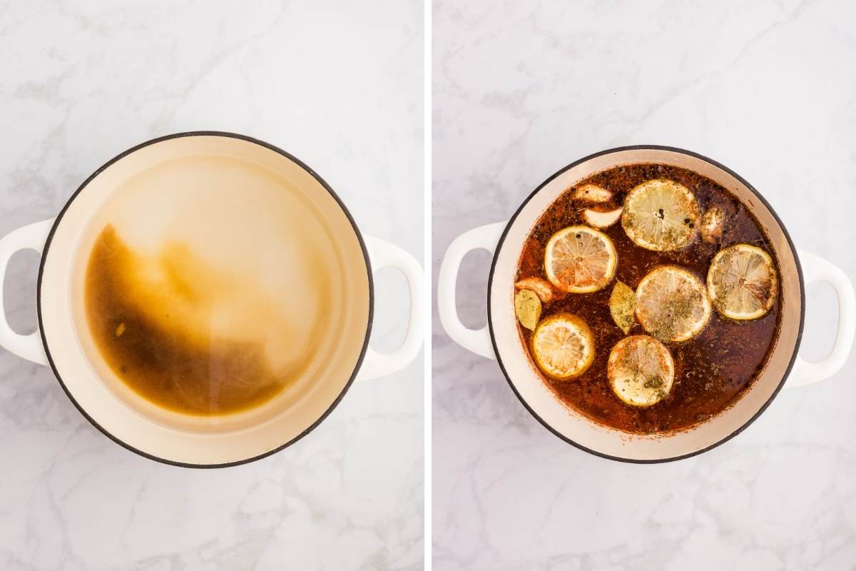 Brine simmering in a white pot, then finished with floating lemon slices and spices.