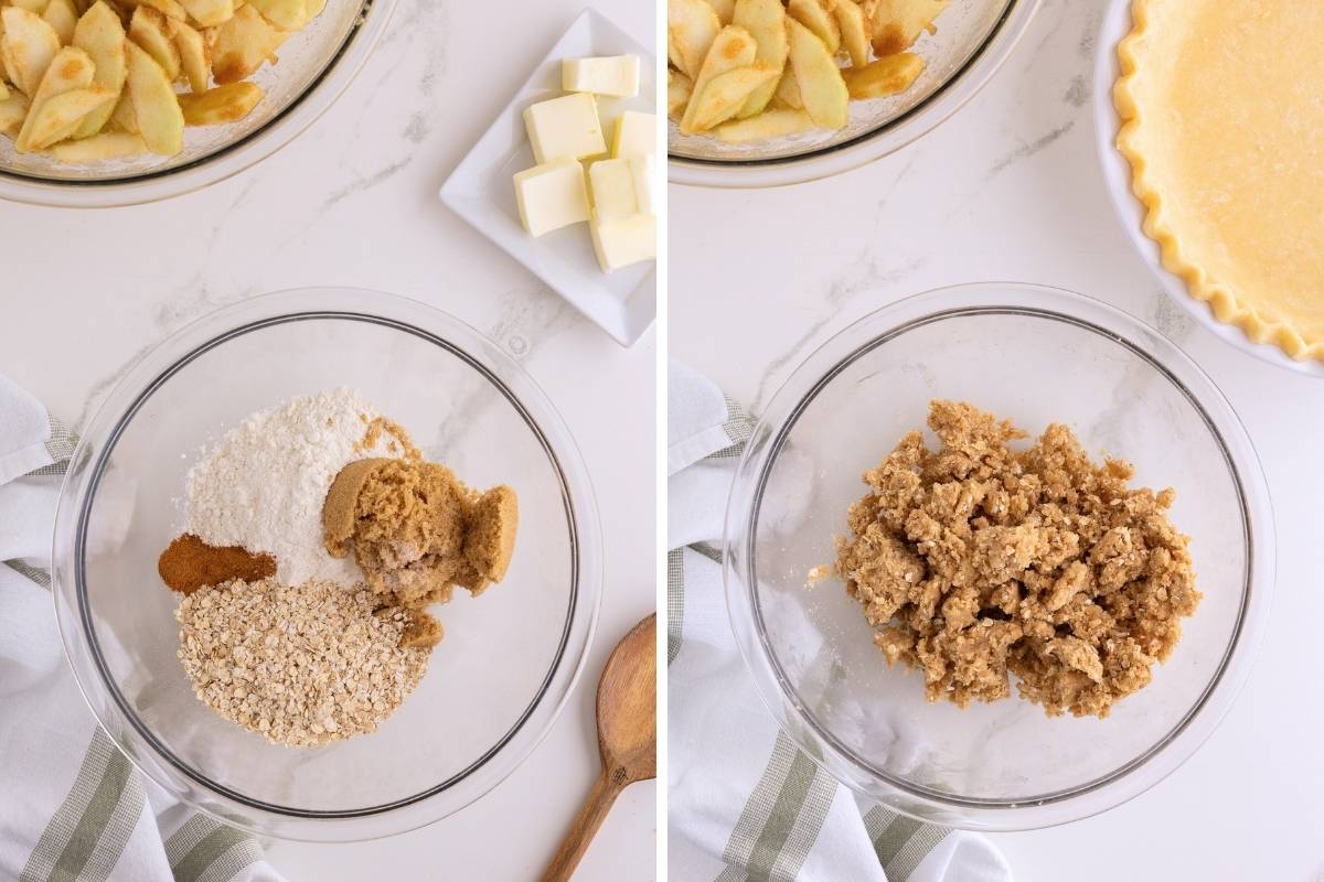 Flour, brown sugar, cinnamon, and oats combined in a glass bowl to form crumble topping for apple pie.