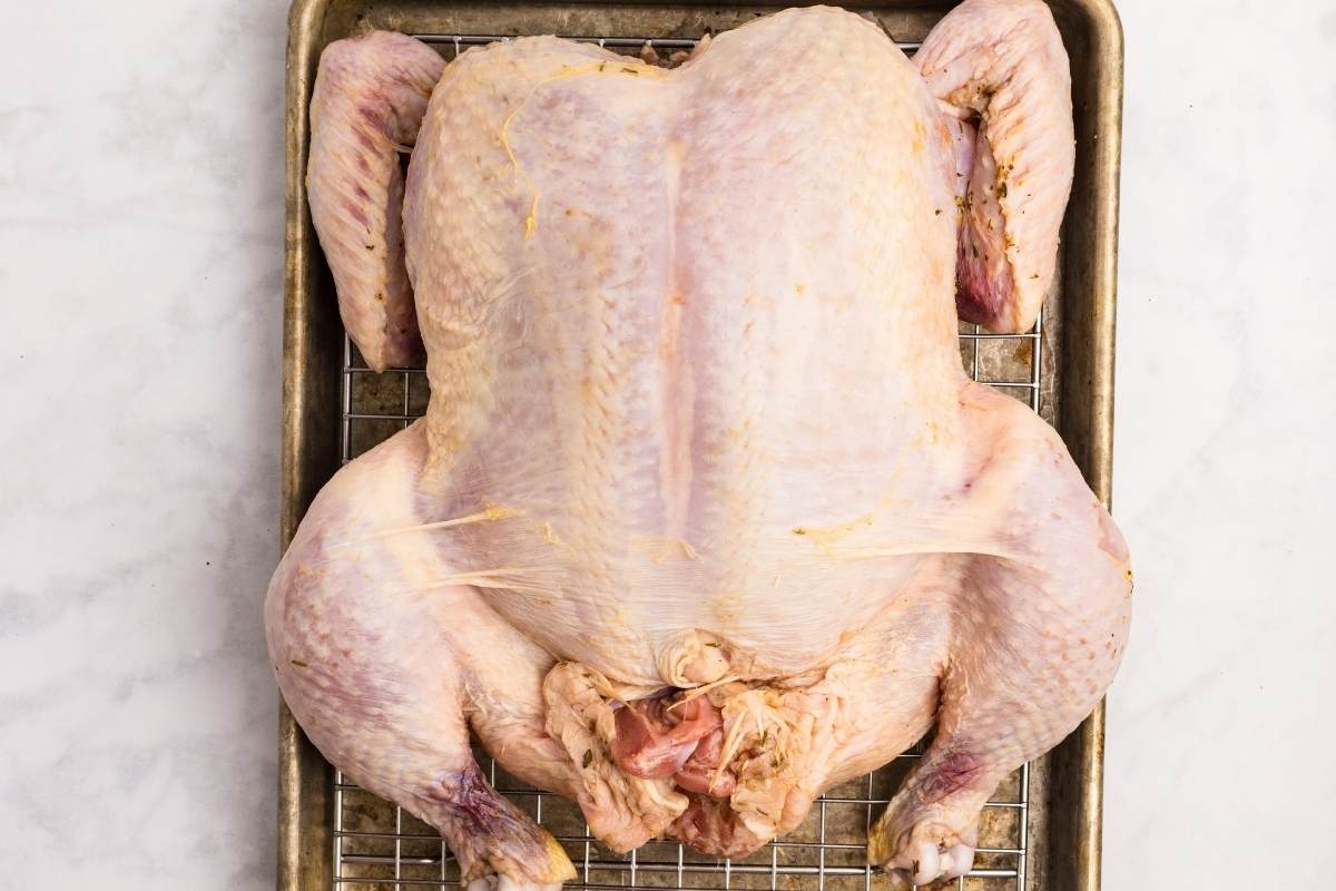 Whole raw chicken patted dry and resting breast-up on a wire rack over a sheet pan.