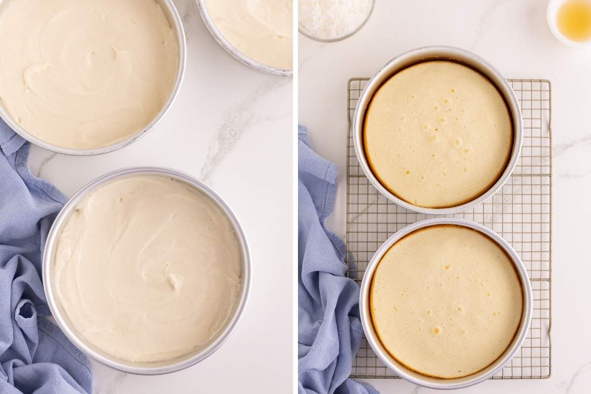Cake batter in round pans beside baked golden layers cooling on a wire rack.