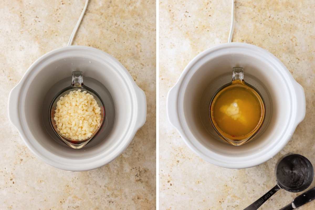 Beeswax pastilles in a glass measuring cup inside a small white melting pot, then shown fully melted into golden liquid.