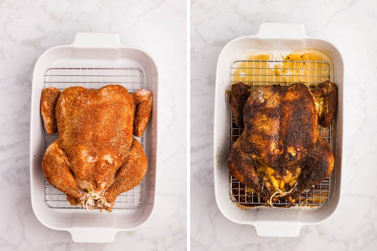 Side-by-side comparison of seasoned raw chicken and deeply browned roasted chicken on a wire rack in white baking dish.