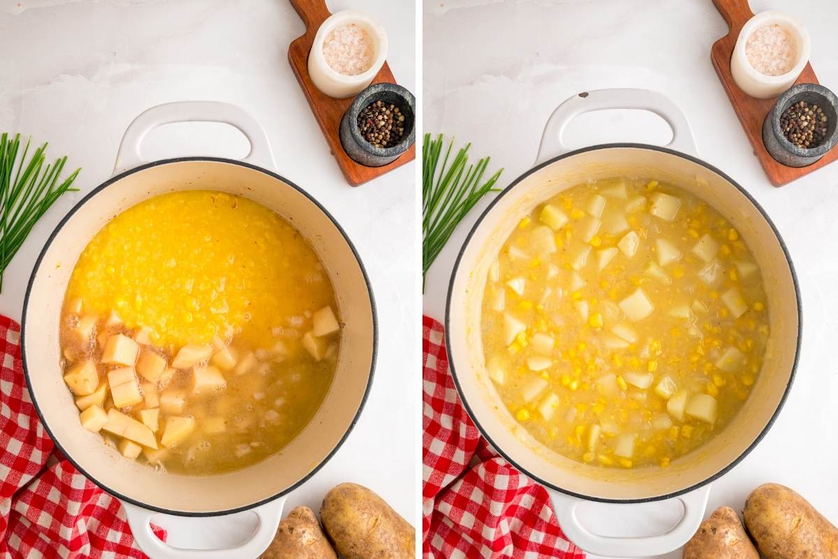 Side-by-side white pots showing diced potatoes and corn simmering in broth for corn chowder.