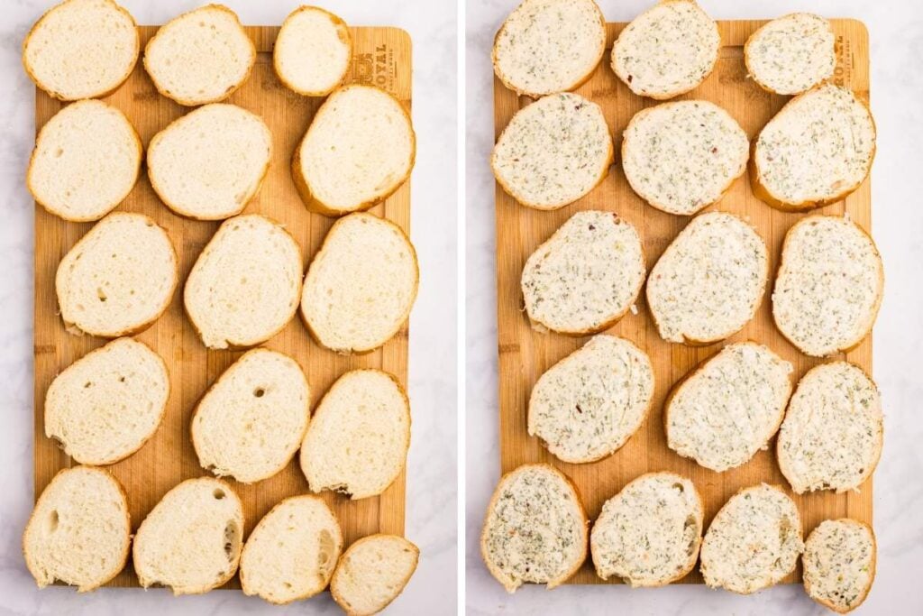 Sliced French bread on a wooden board, plain and spread with garlic butter.