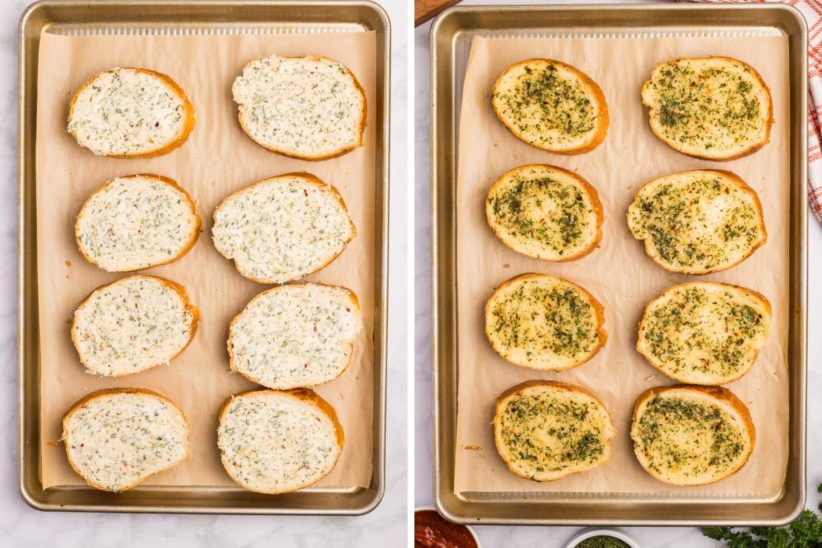 Garlic bread slices on a baking sheet before and after baking.