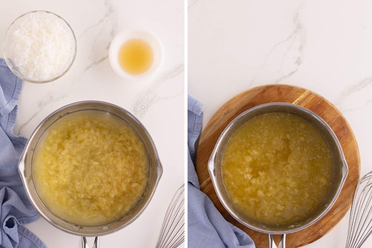 Crushed pineapple filling cooking in a saucepan beside shredded coconut and vanilla extract on marble.