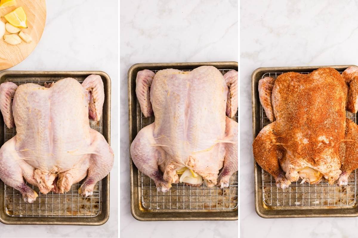 Three-step sequence showing a whole chicken being stuffed with lemon and garlic then rubbed with paprika seasoning.