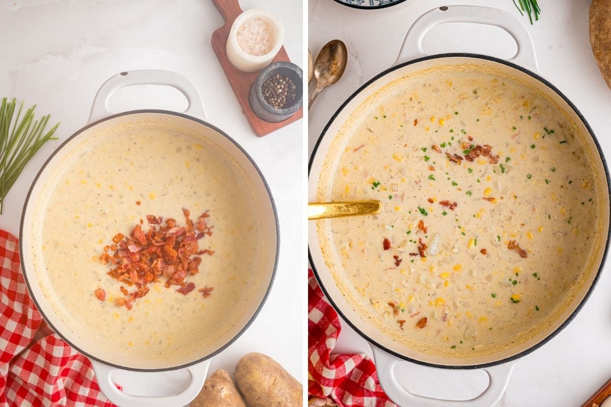Creamy corn chowder in a white pot topped with crumbled bacon and chopped chives before serving.
