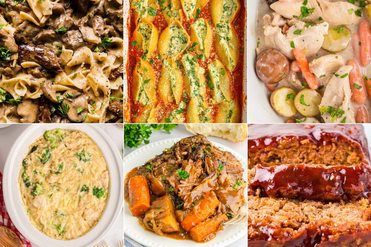 Six dinner dishes: stroganoff, stuffed shells, roast chicken, tuna casserole, pot roast, meatloaf.