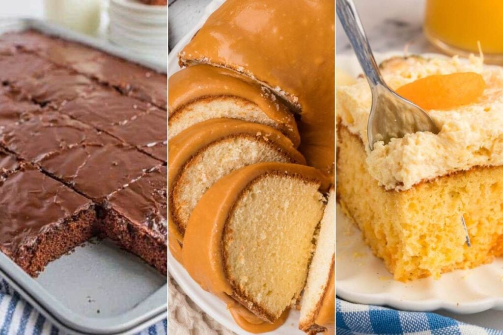 Grid of classic church potluck desserts including cakes, bars, and pies.