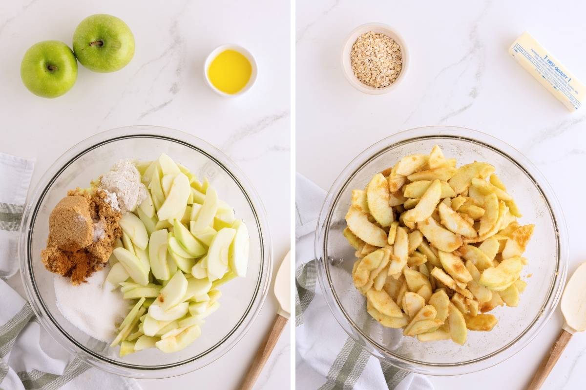 Sliced green apples tossed with brown sugar, flour, and cinnamon, then coated in spiced mixture in glass bowls.