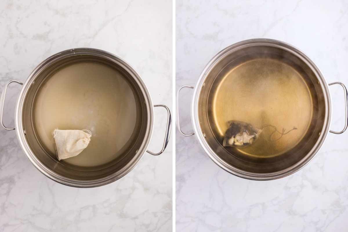 Side-by-side stainless pots showing a spice sachet steeping in brine, lightening then deepening in golden color.