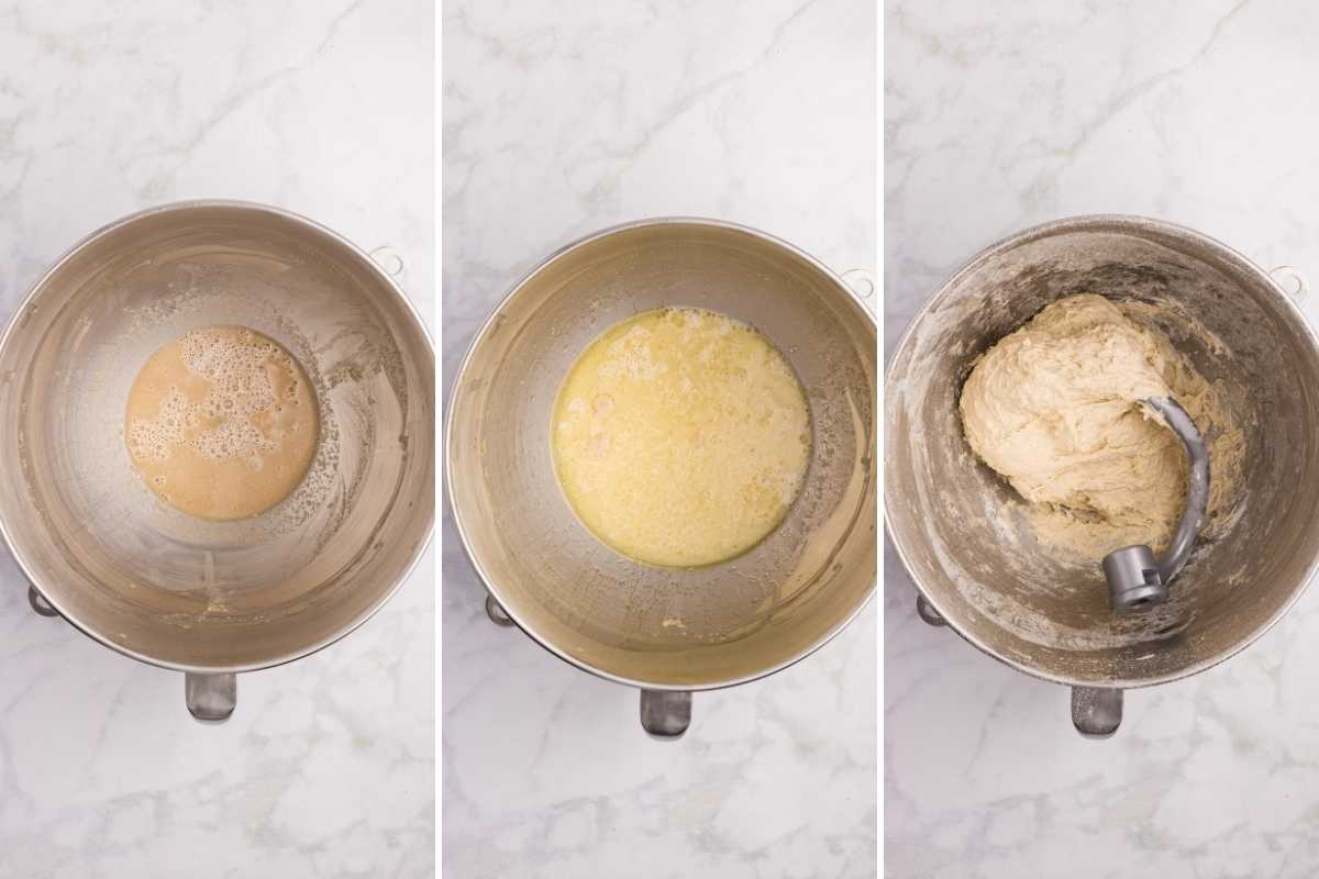Three-panel sequence in a metal mixing bowl showing foamy yeast, added liquids, and kneaded dough on a hook.