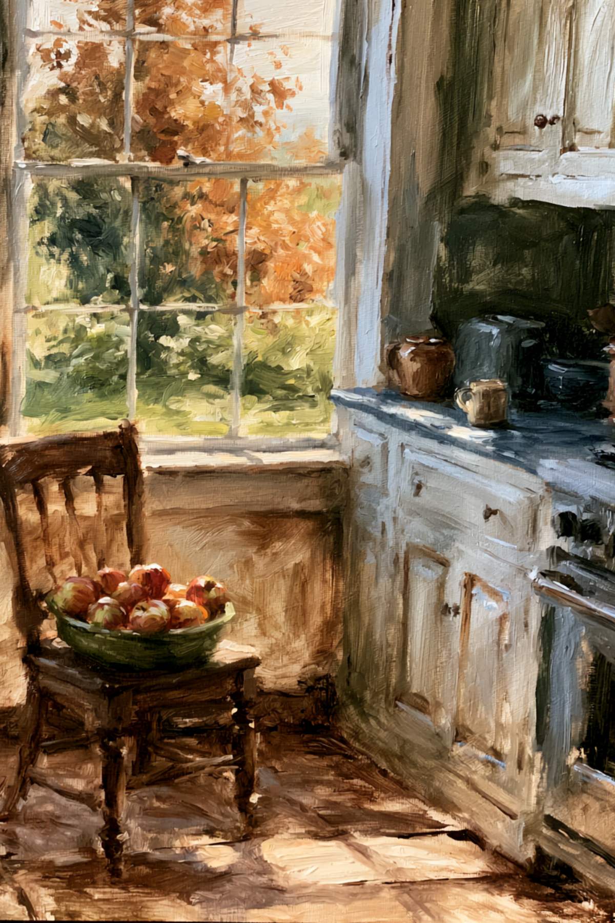 chair below window with bowl of apples