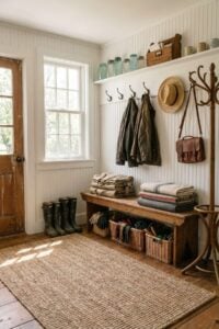 Farmhouse mudroom with beadboard walls, wooden bench, rubber boots, hanging coats, straw hat, and woven baskets underneath.