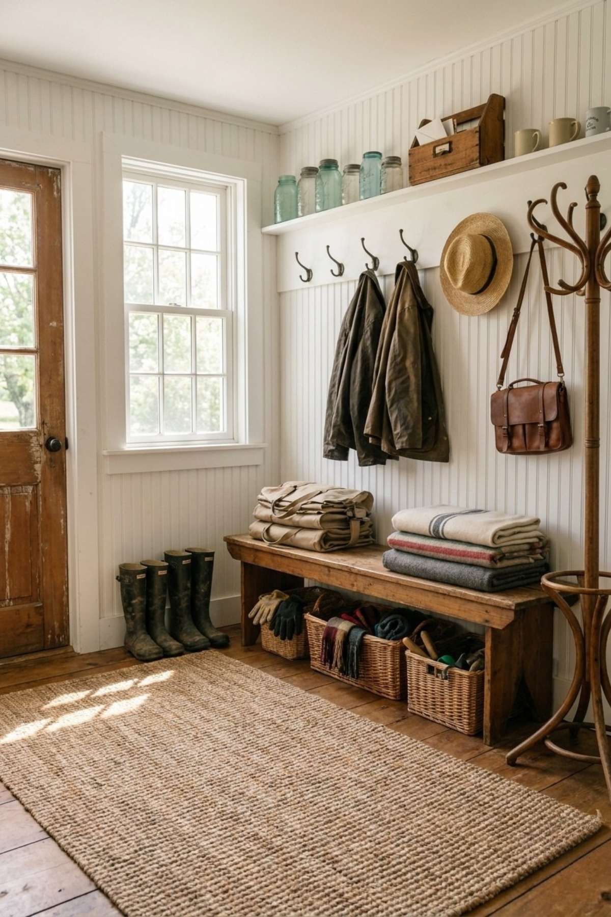 Farmhouse mudroom with beadboard walls, wooden bench, rubber boots, hanging coats, straw hat, and woven baskets underneath.