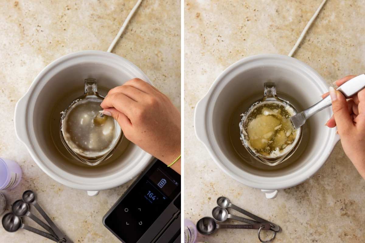 split image showing essential oil being poured in and mixed