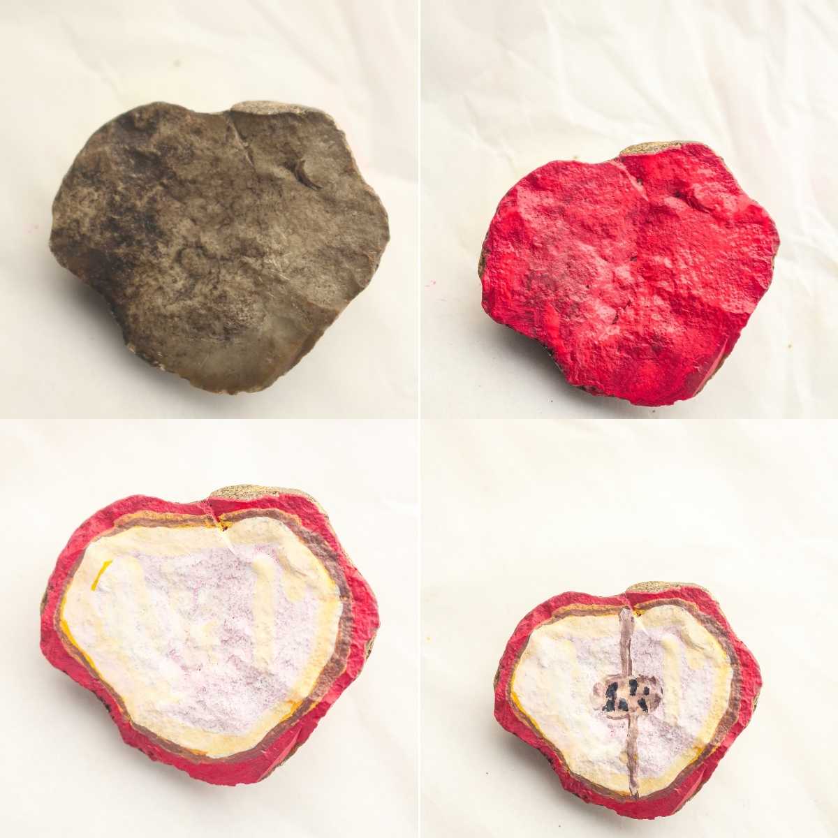 Four-step progression of a rock painted to look like a red apple cut in half.