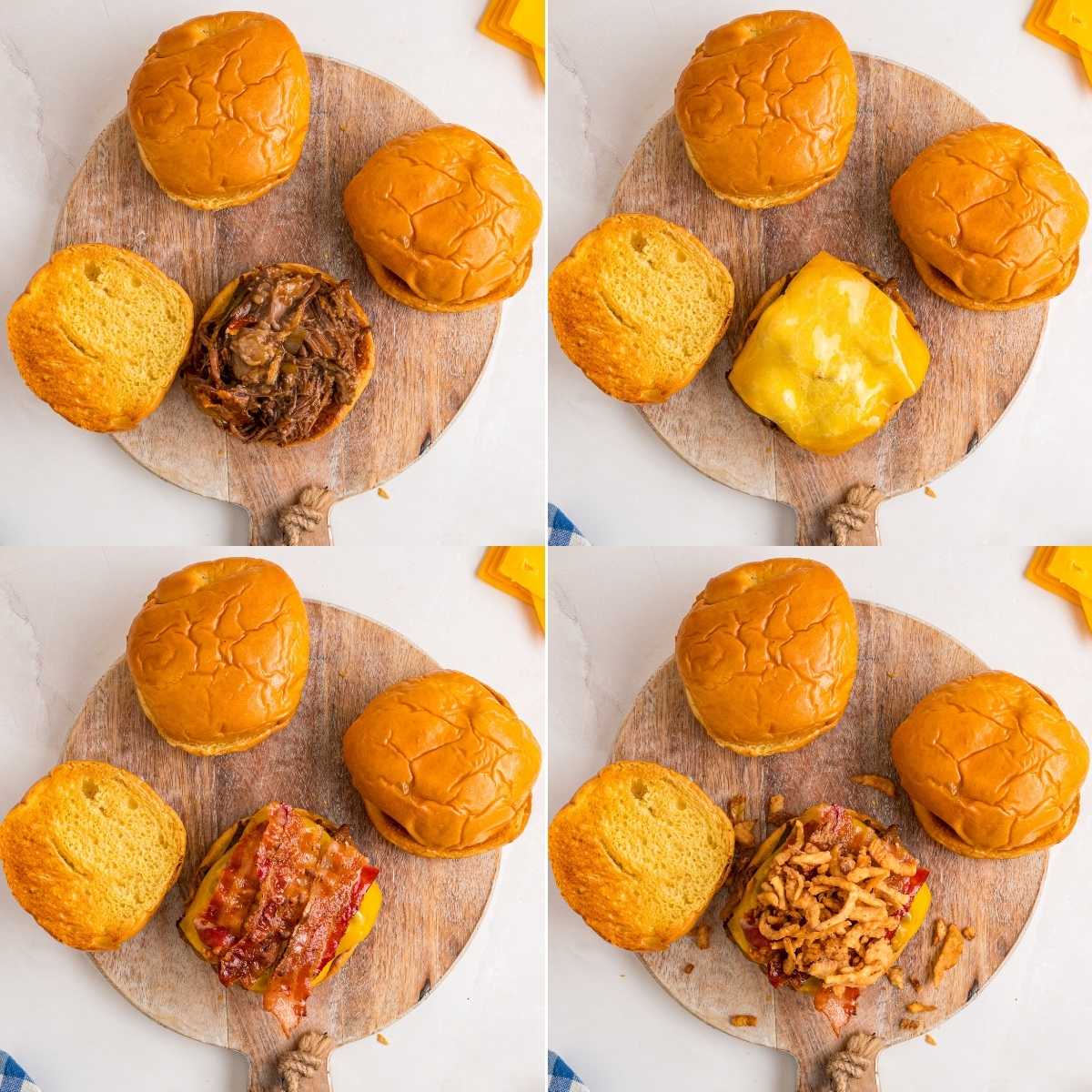 Four-step collage showing shredded BBQ beef, melted cheese, bacon, and crispy onions layered onto brioche buns.