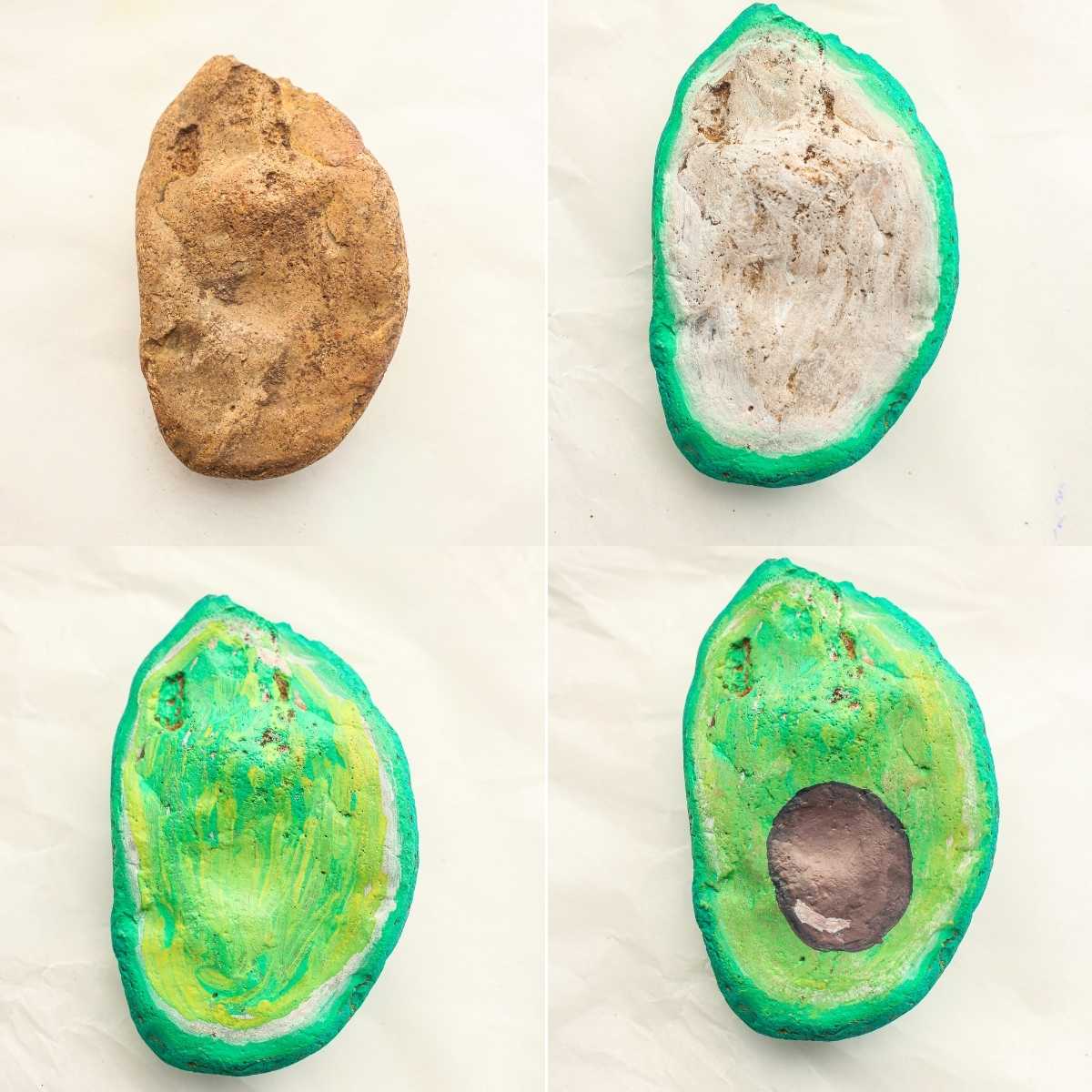 Four-step progression of a rock painted to look like a halved avocado with green skin and brown pit.