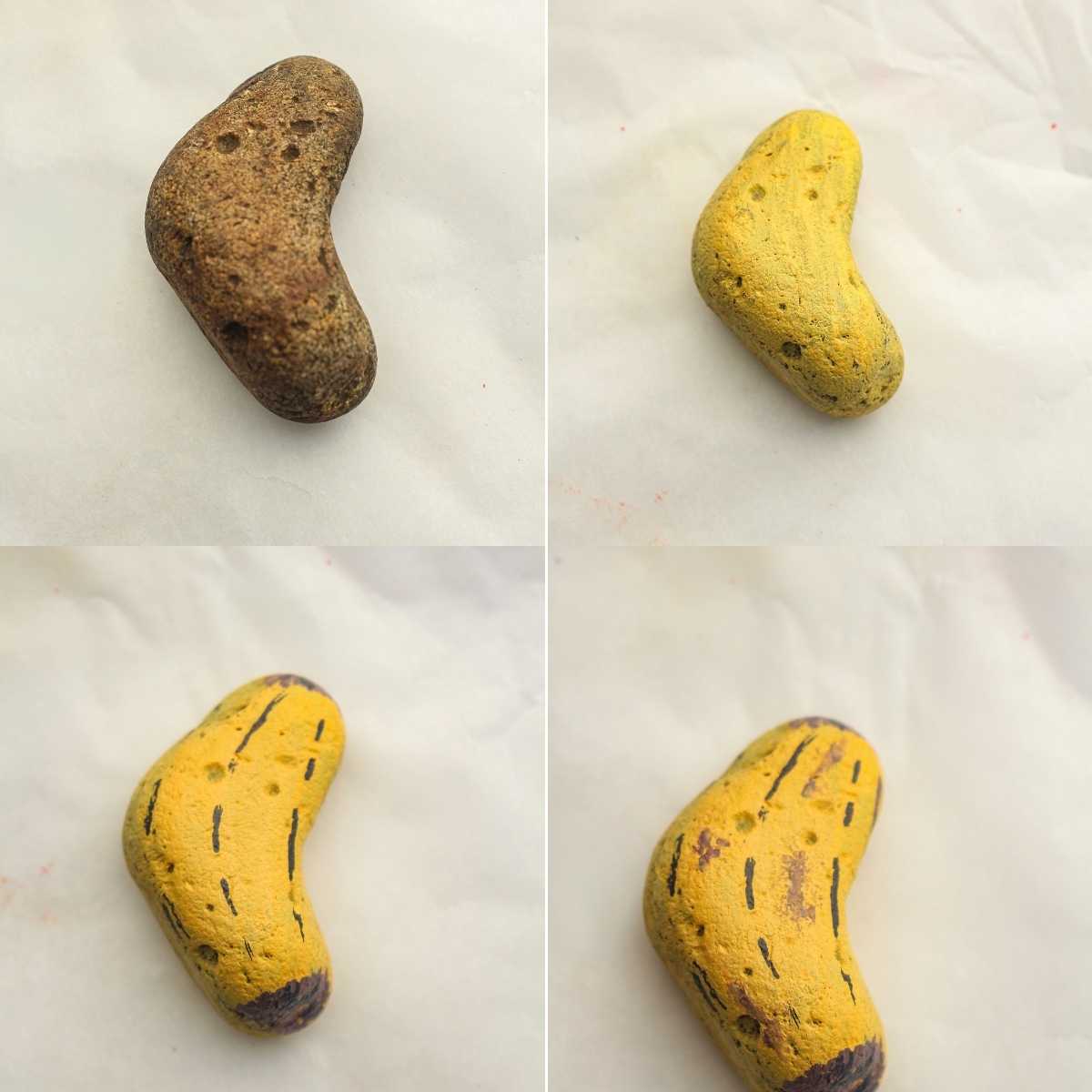 Four-step progression of a curved rock painted to look like a banana on white paper.