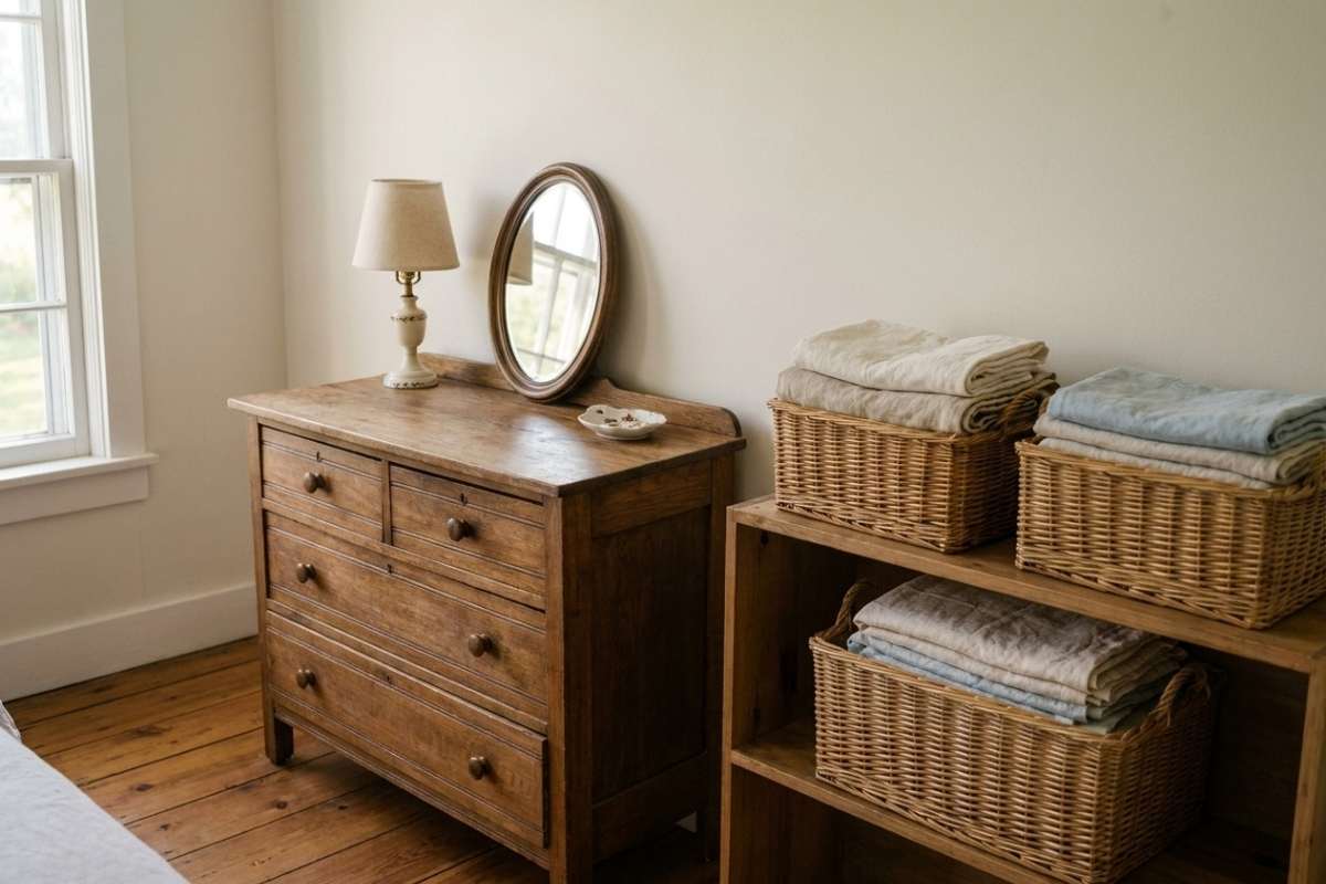 Antique wooden dresser with oval mirror and lamp beside open shelving holding wicker baskets of folded linens.