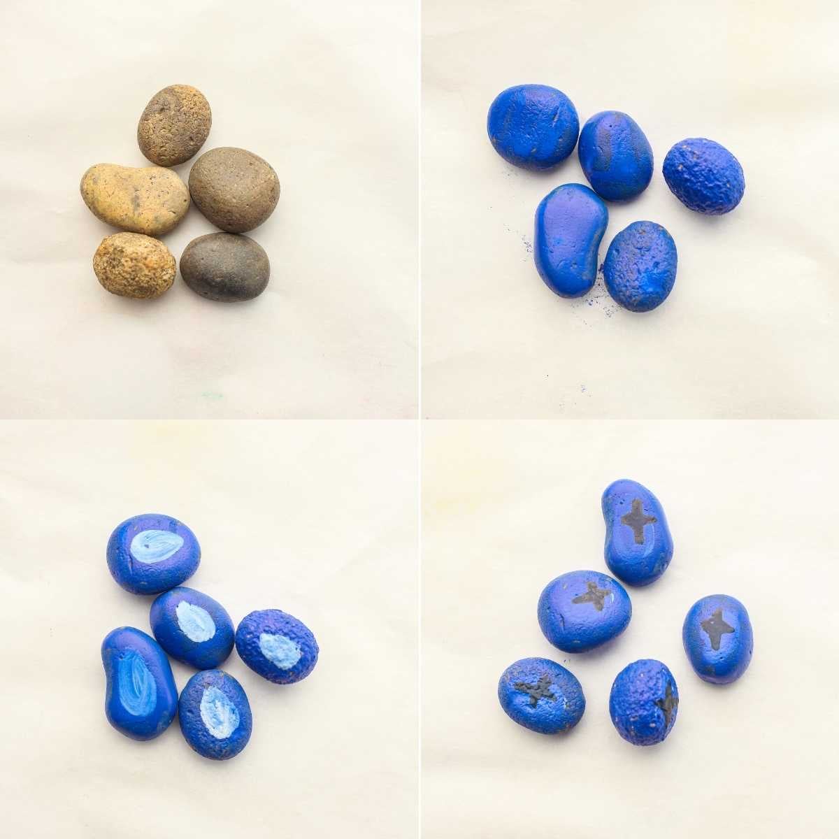 Four-step process showing plain rocks painted blue then decorated with white ovals and gray star shapes.