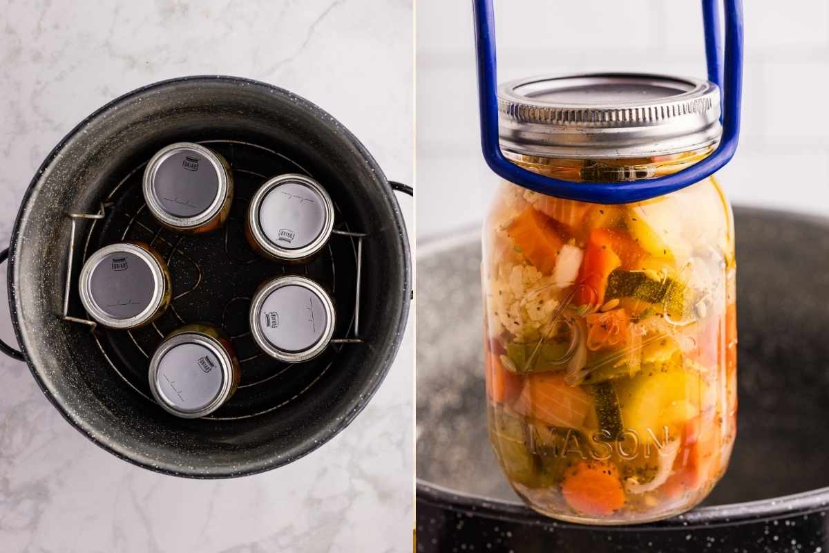 Five sealed jars arranged in a black canning pot beside jar lifter raising giardiniera-filled mason jar.