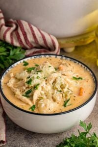 Creamy chicken gnocchi soup with shredded chicken, carrots, and parsley served in a blue-rimmed white bowl.