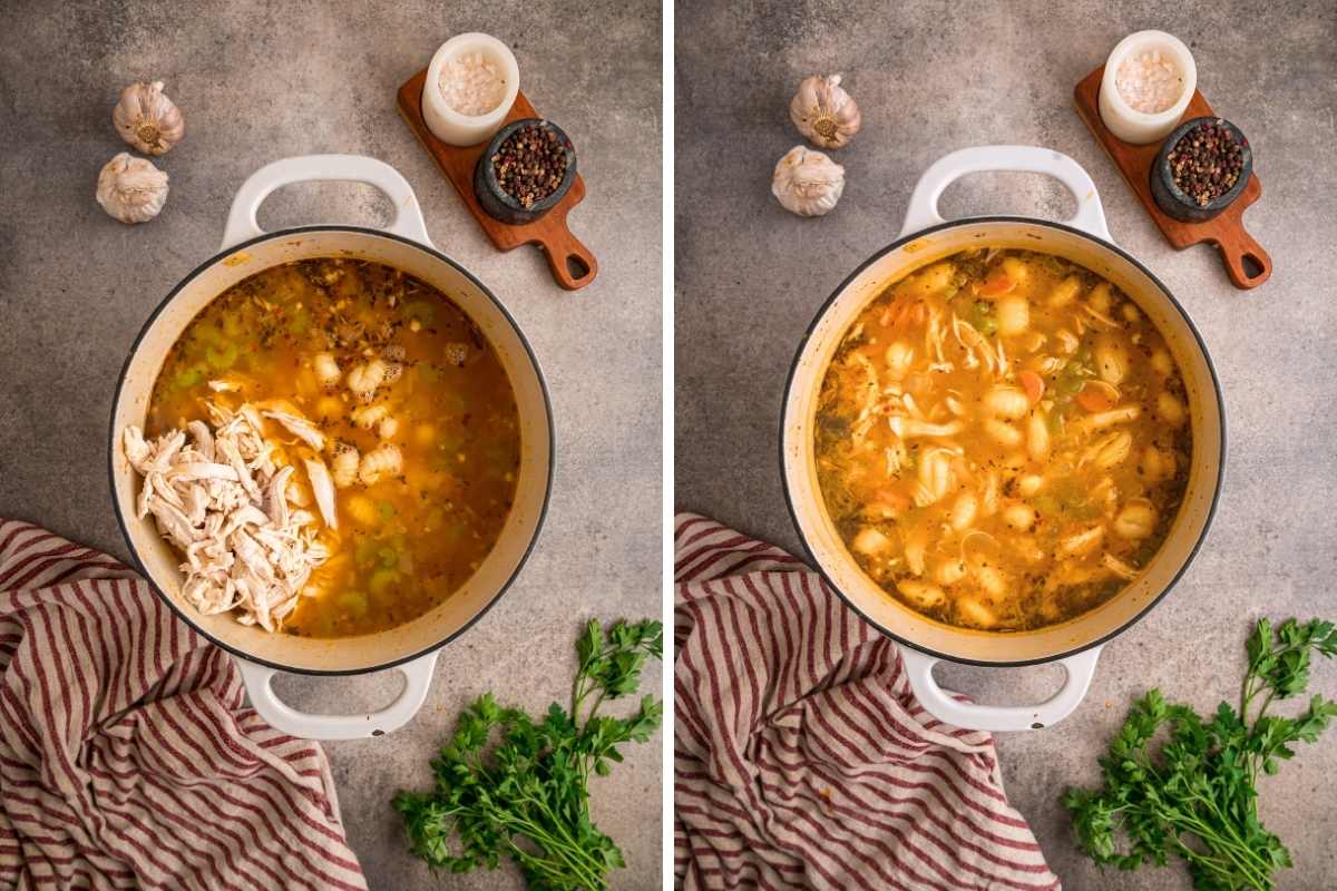 Shredded chicken and gnocchi added to a white pot of broth, then stirred together with vegetables.