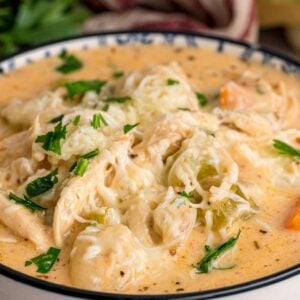 Creamy chicken gnocchi soup with shredded chicken, carrots, and fresh parsley in a blue-rimmed bowl.