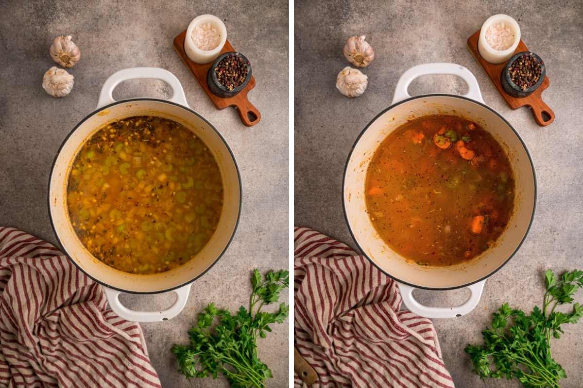 Two side-by-side white pots showing broth simmering with celery and carrots at different stages of cooking.