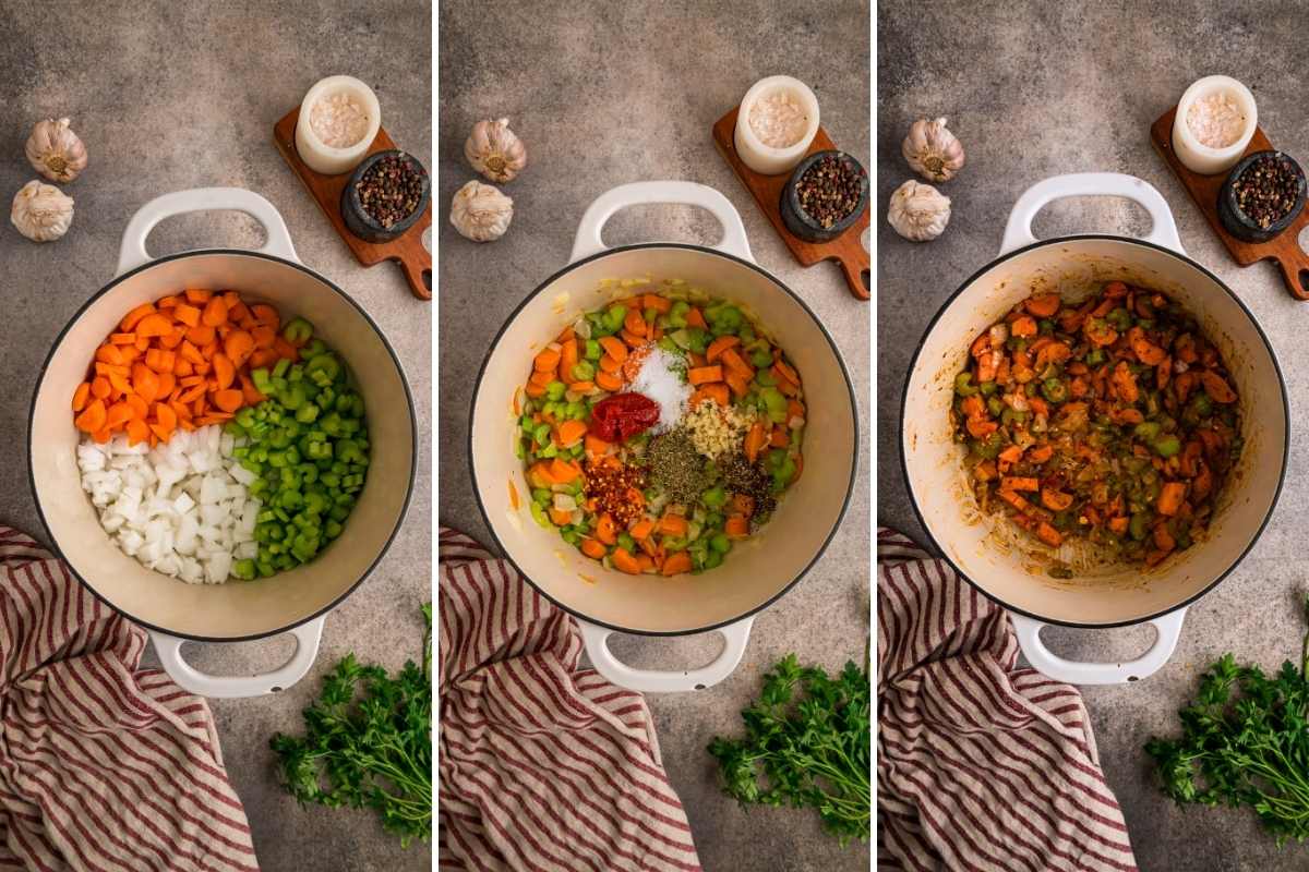 Three-step collage showing carrots, celery, and onions softening in a white Dutch oven with seasonings and tomato paste.
