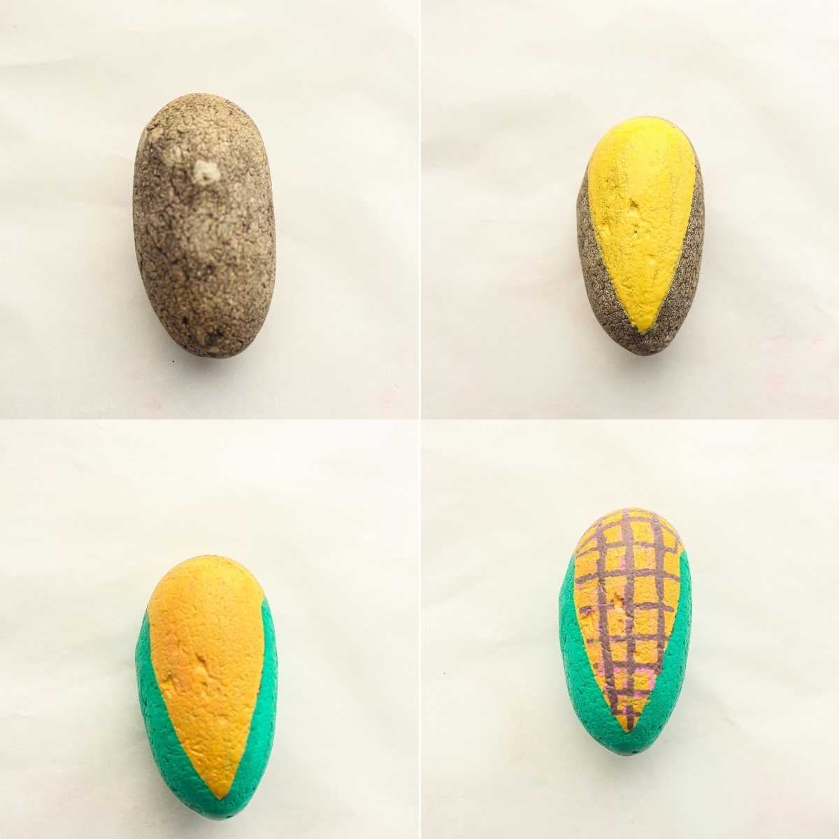 Four-step progression of a plain gray rock painted into a corn cob with yellow, green, and brown grid details.