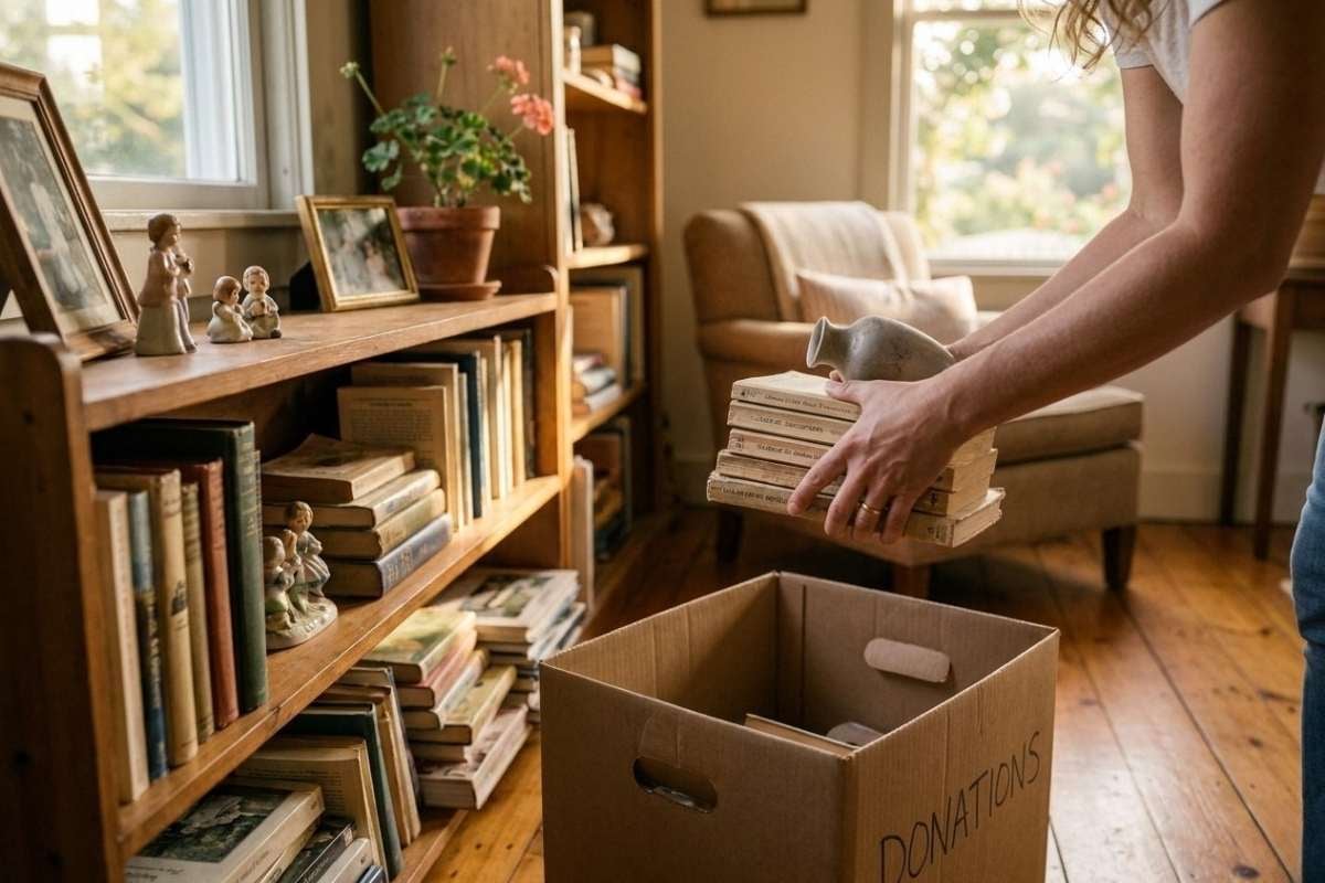 Woman placing a stack of old books into a cardboard donation box beside a wooden bookshelf.