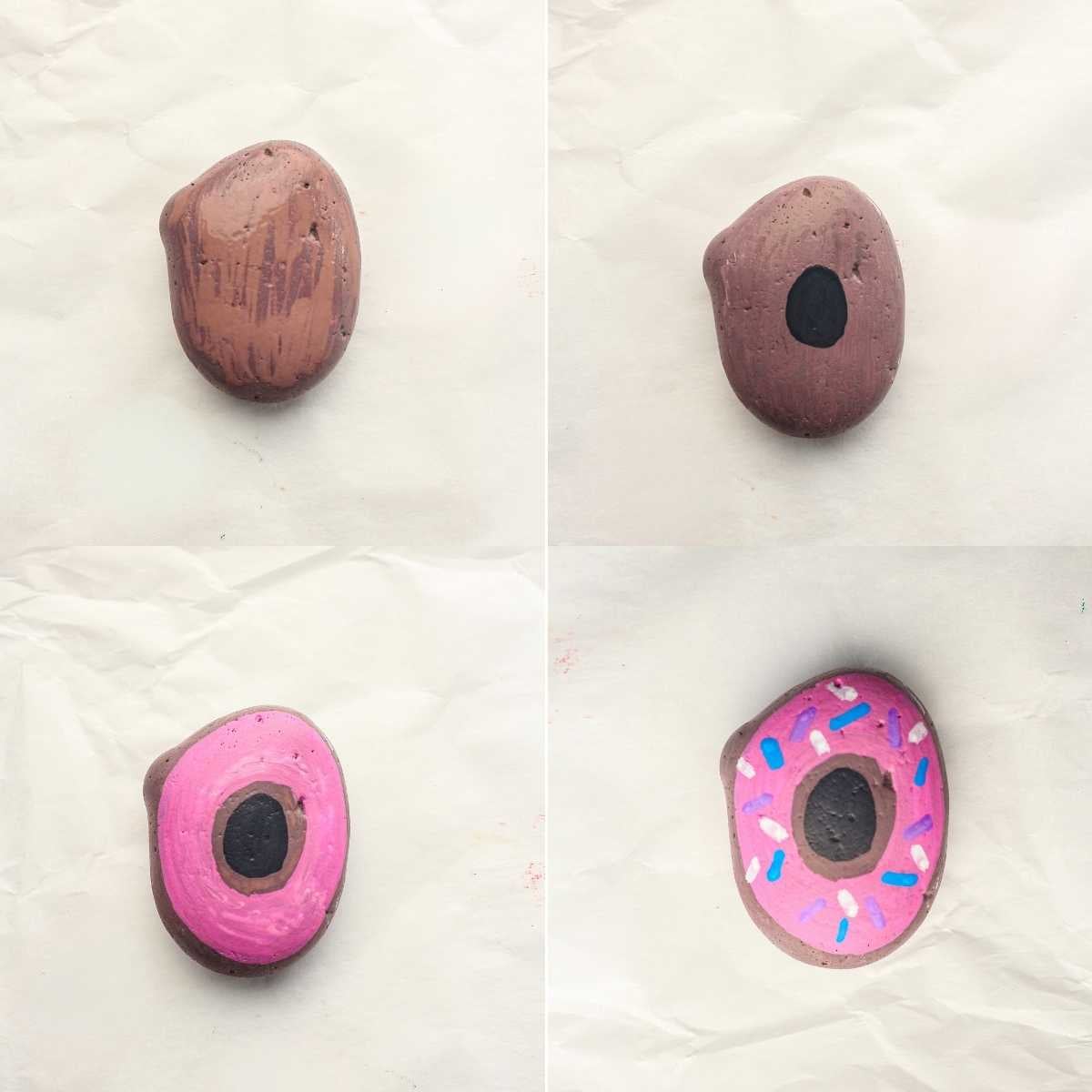 Four-step progression of a rock painted to look like a pink frosted donut with sprinkles.
