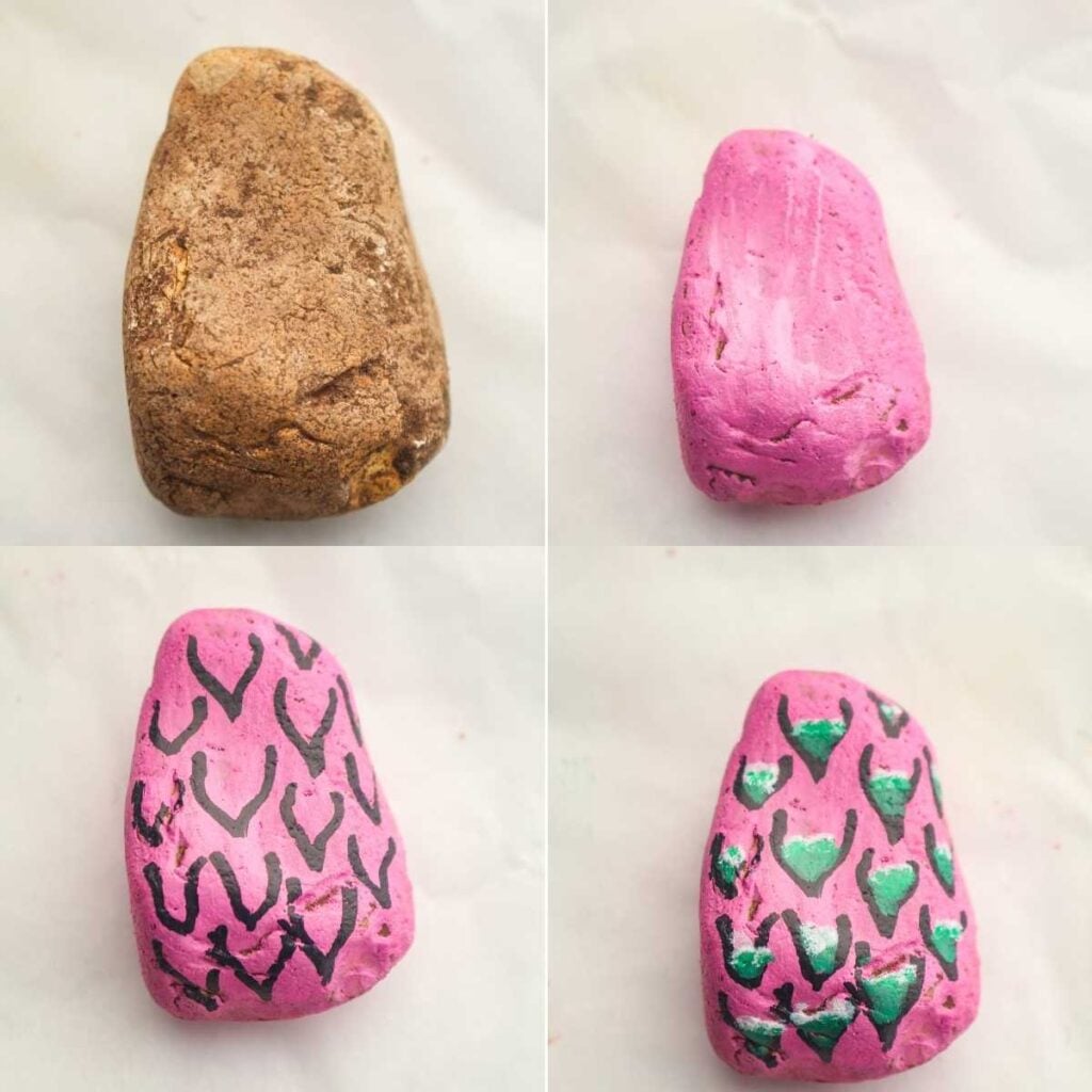 Four-step progression of a rock painted to look like a strawberry with pink base and green seeds.