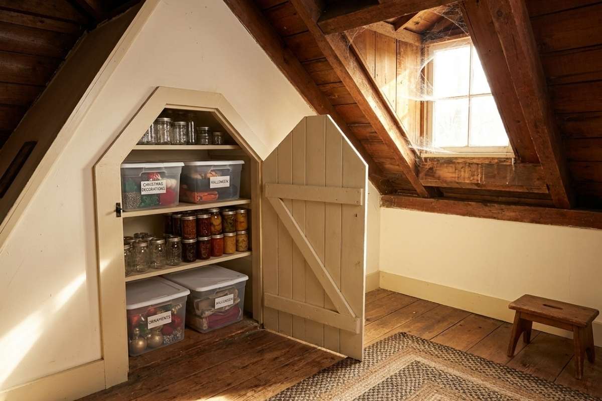 Attic nook with open door revealing shelves of labeled bins and canning jars beside a wooden stool.